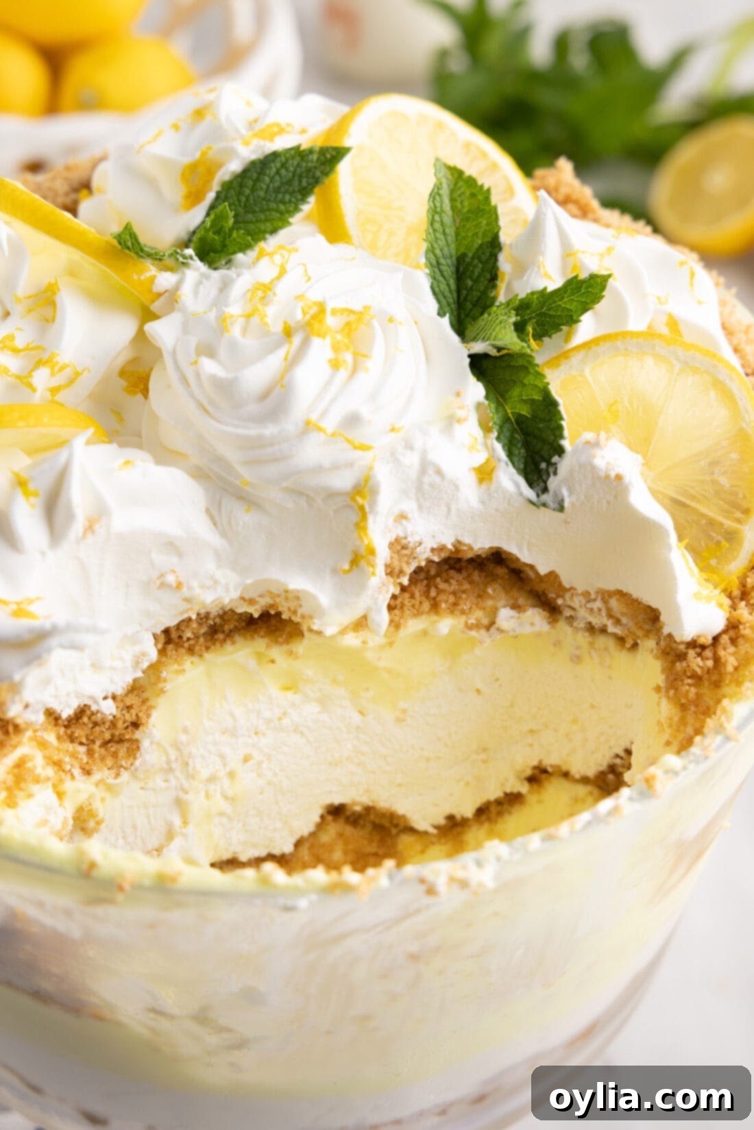 Lemon Lush Trifle with a spoonful removed