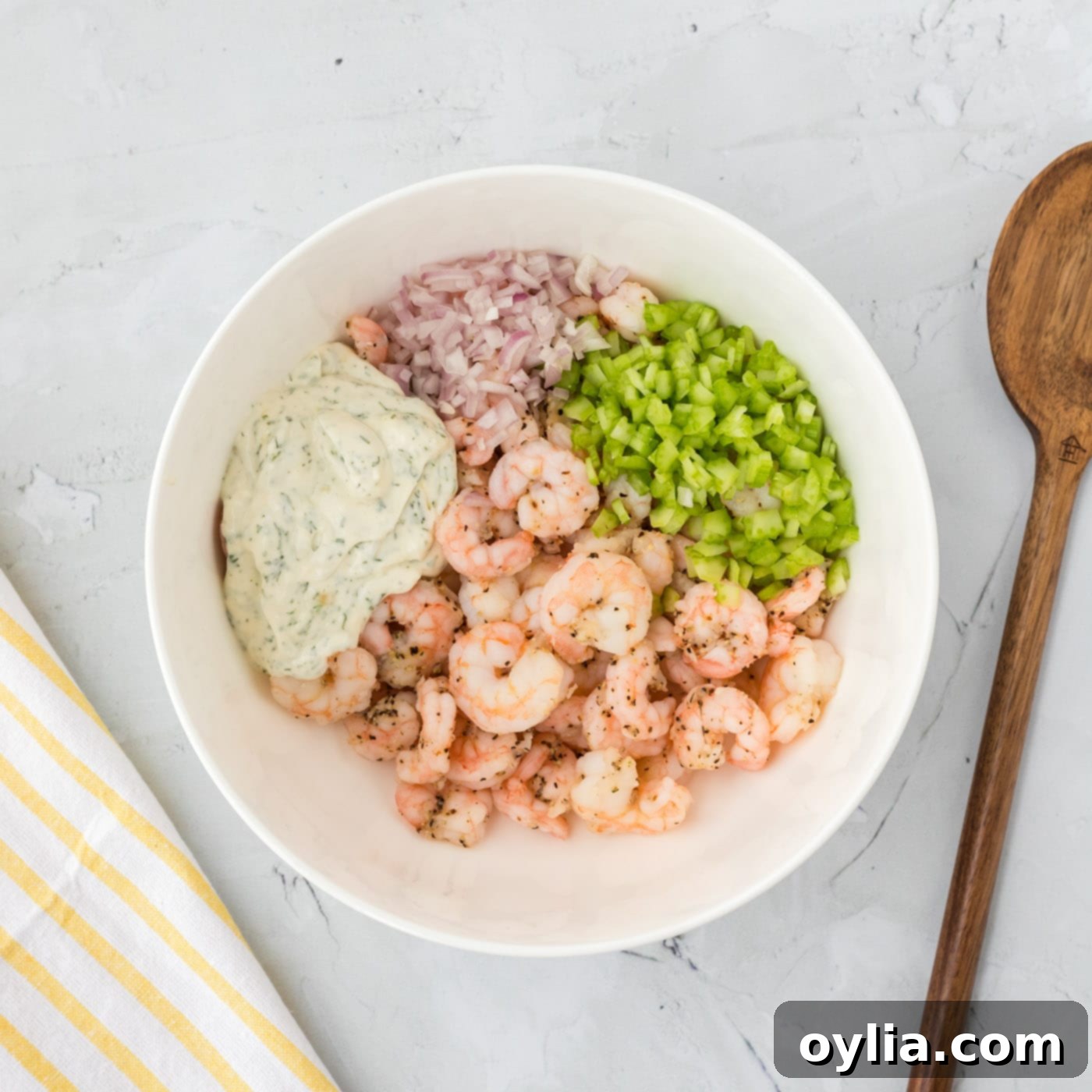 shrimp salad ingredients in a bowl
