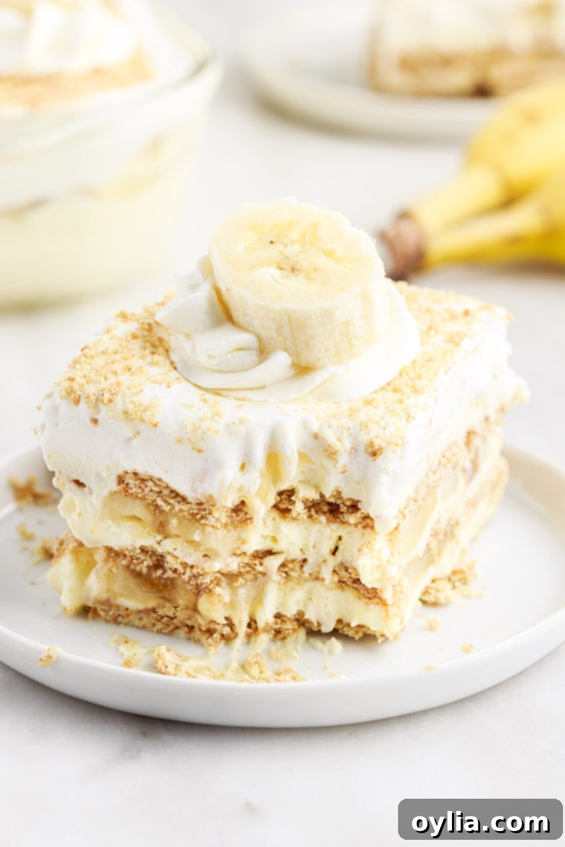 Banana Cream Pie Icebox Cake with a forkful removed