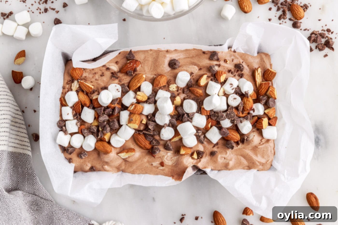 no-churn rocky road ice cream in a pan