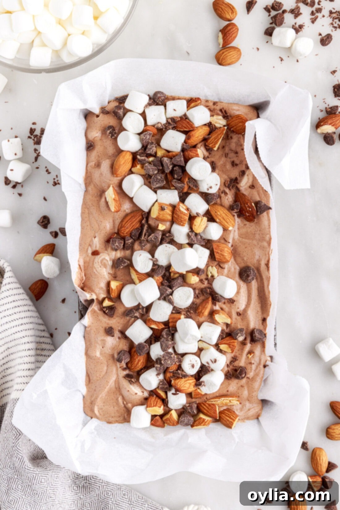 pan of Rocky Road Ice Cream with marshmallows and nuts on top