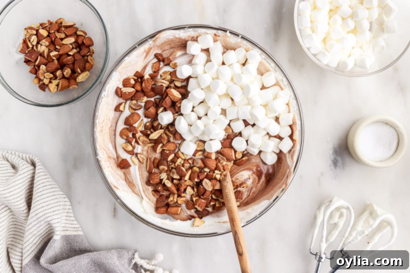 rocky road ice cream mixture in a mixing bowl
