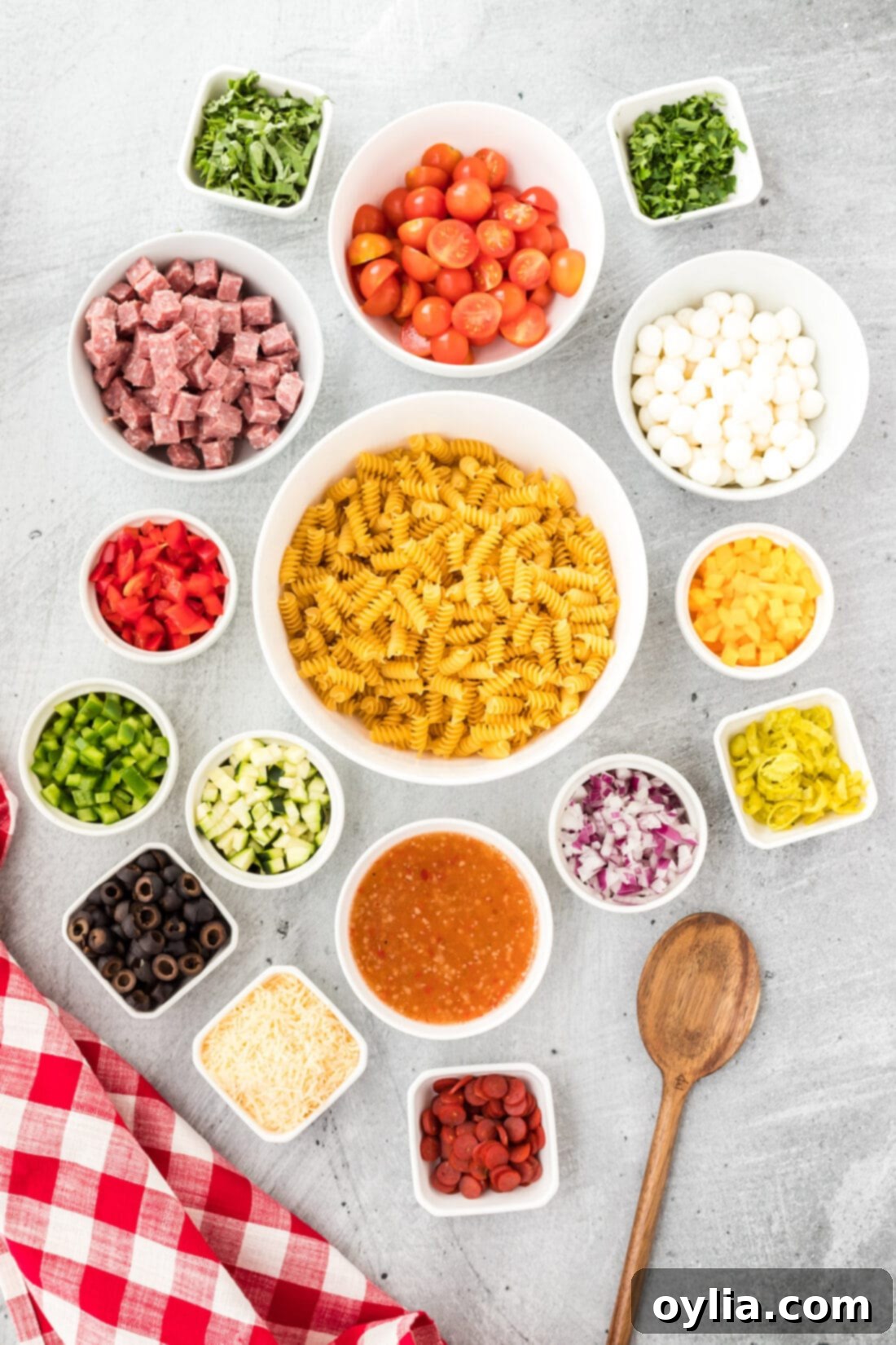 Assortment of fresh ingredients for Italian Pasta Salad laid out