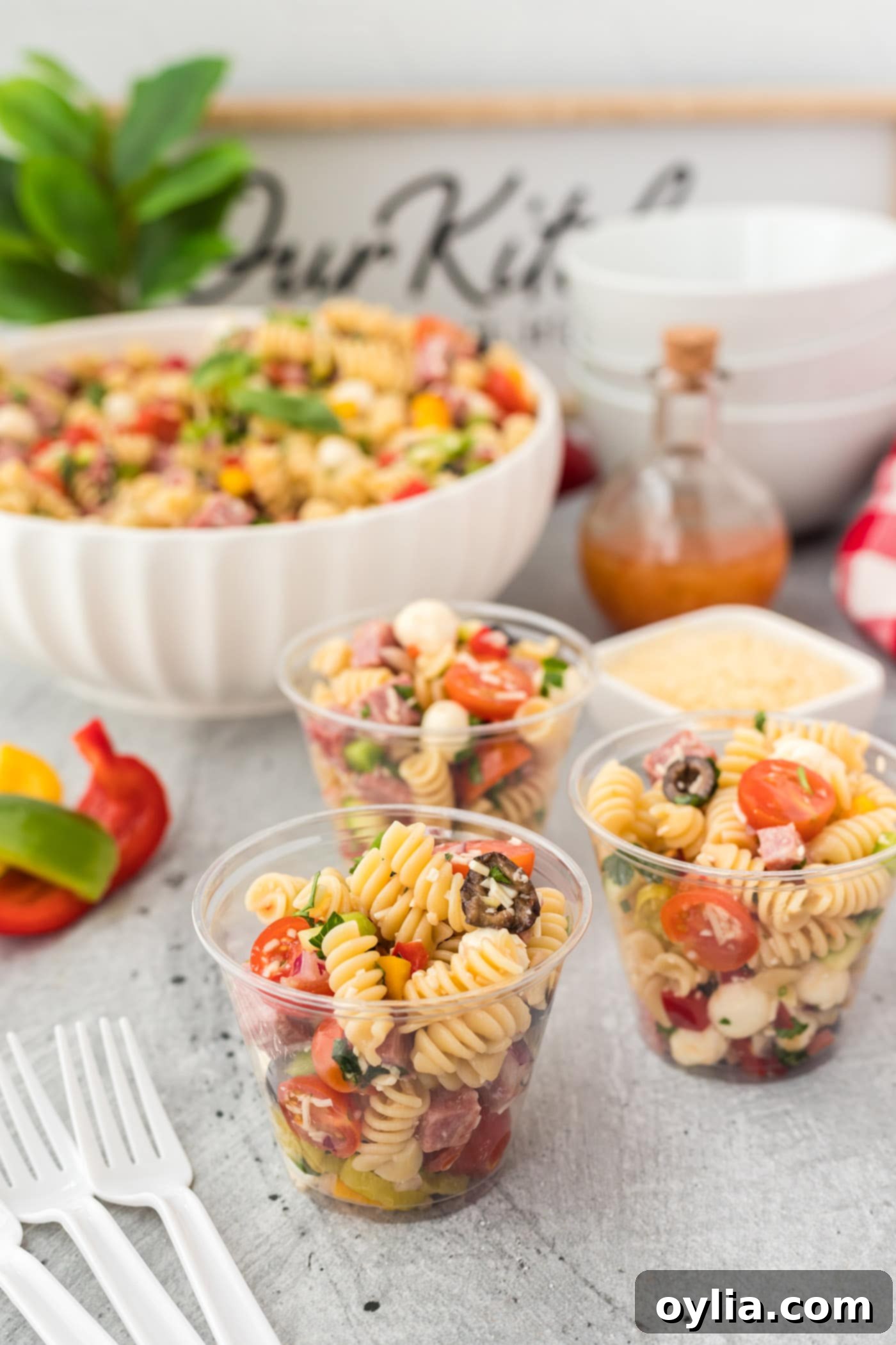 Italian pasta salad in individual cups