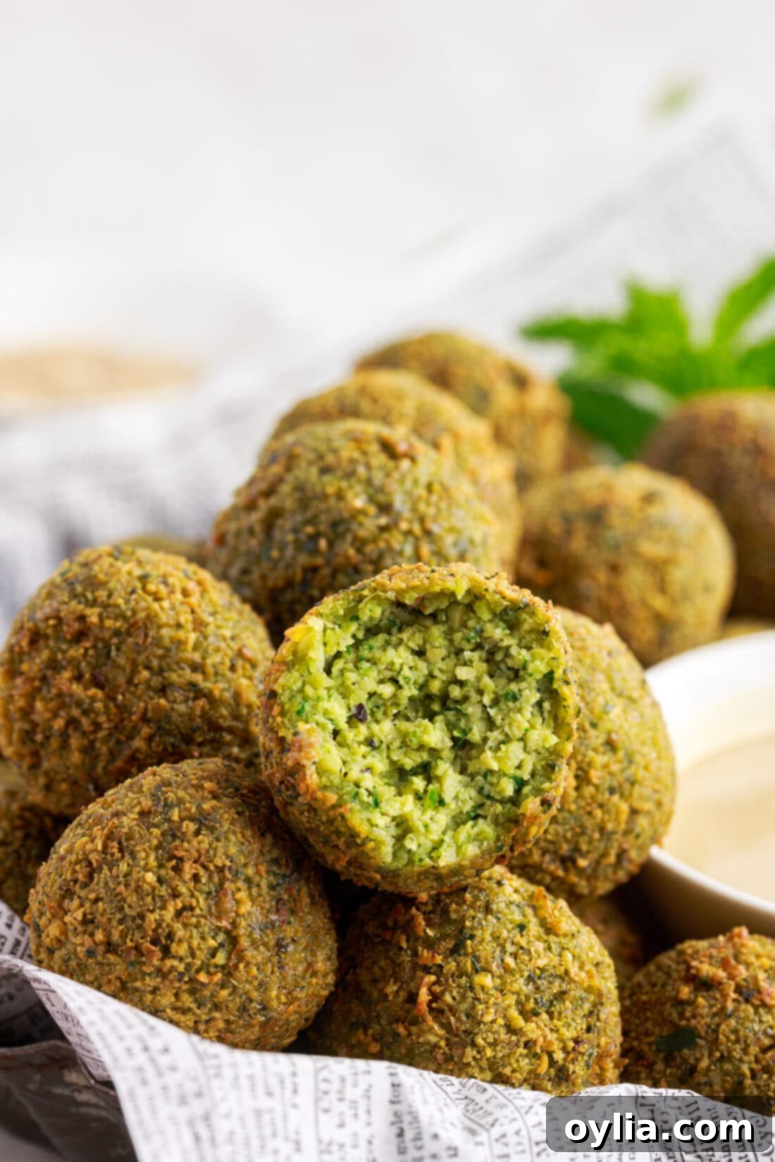 A perfectly fried falafel ball with a bite taken out, revealing its green, herb-filled interior.