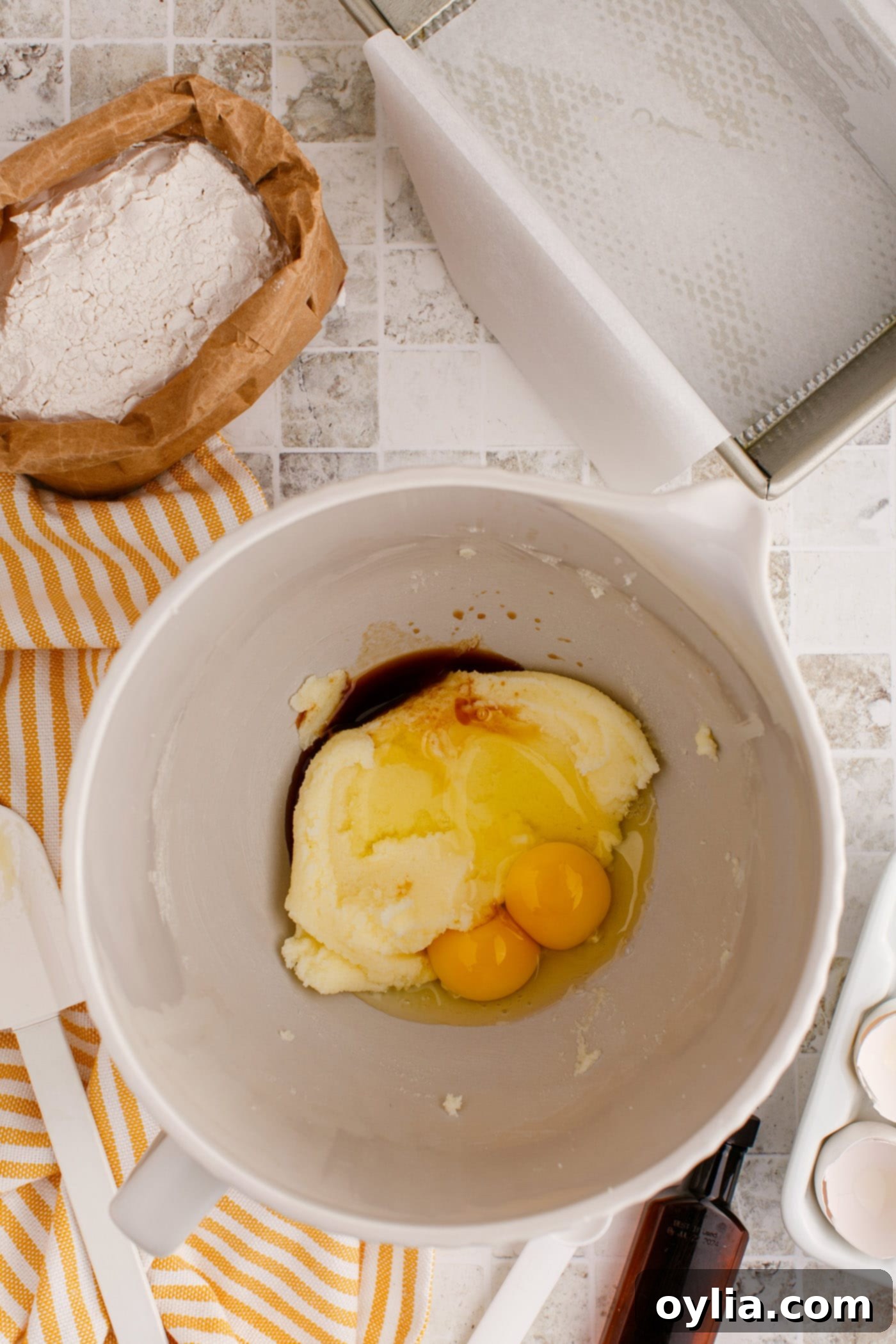 egg and vanilla added to butter and sugar mixture