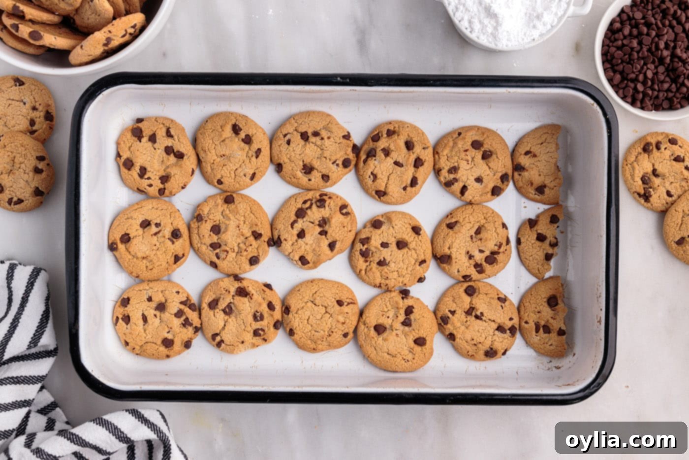 A perfectly arranged single layer of chocolate chip cookies covering the bottom of a 9x13 casserole dish, ready for the cream layer