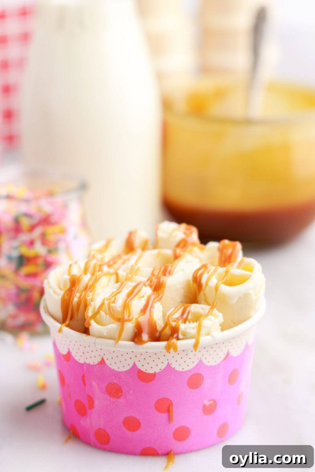 Rolled Ice Cream with caramel drizzle