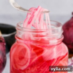 Vinegar-Kissed Onions 9 A top-down shot of vibrant pickled red onions in a square jar, ready to be served