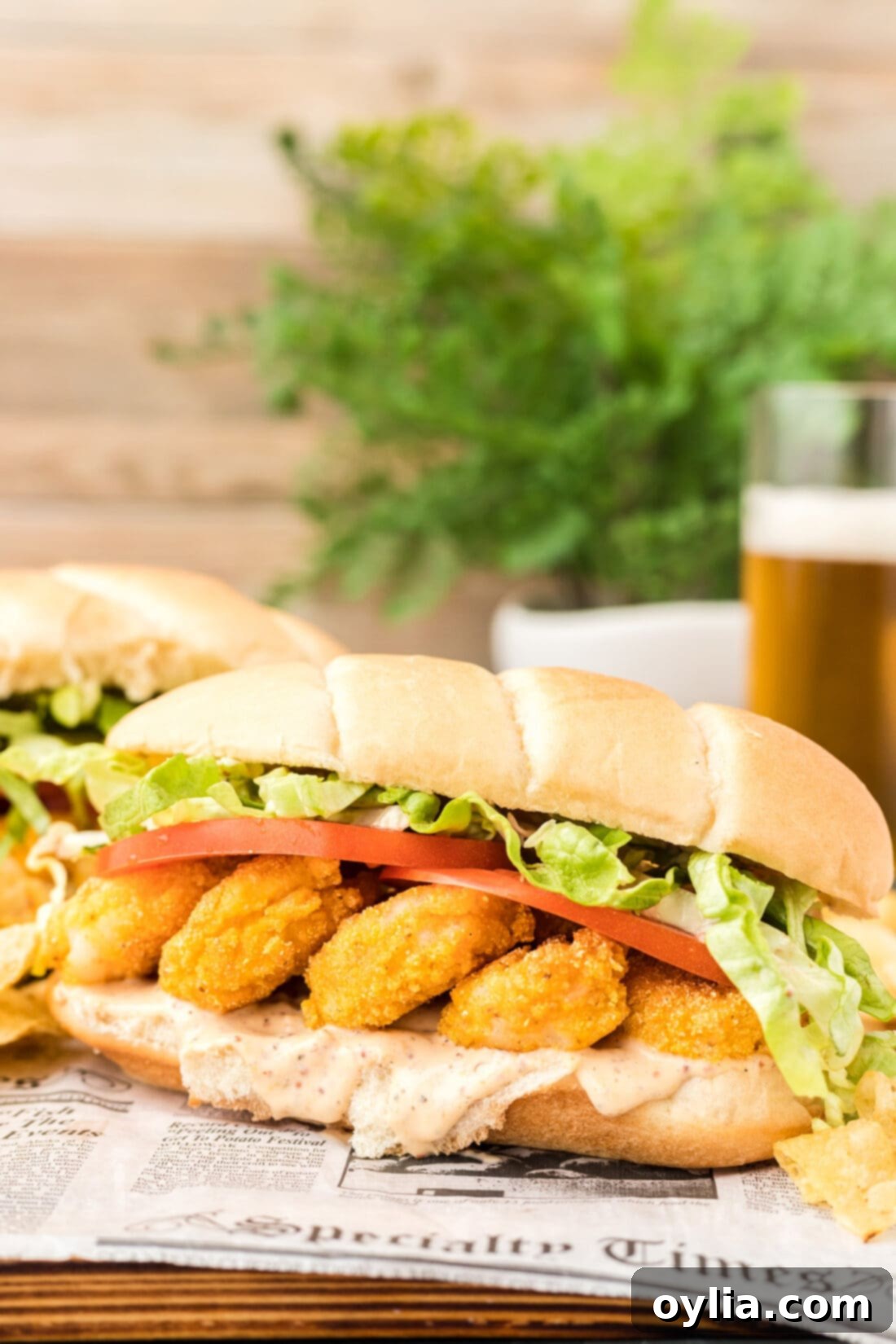 A delicious Shrimp Po Boy sandwich served with a refreshing beer, highlighting the golden fried shrimp and fresh ingredients.