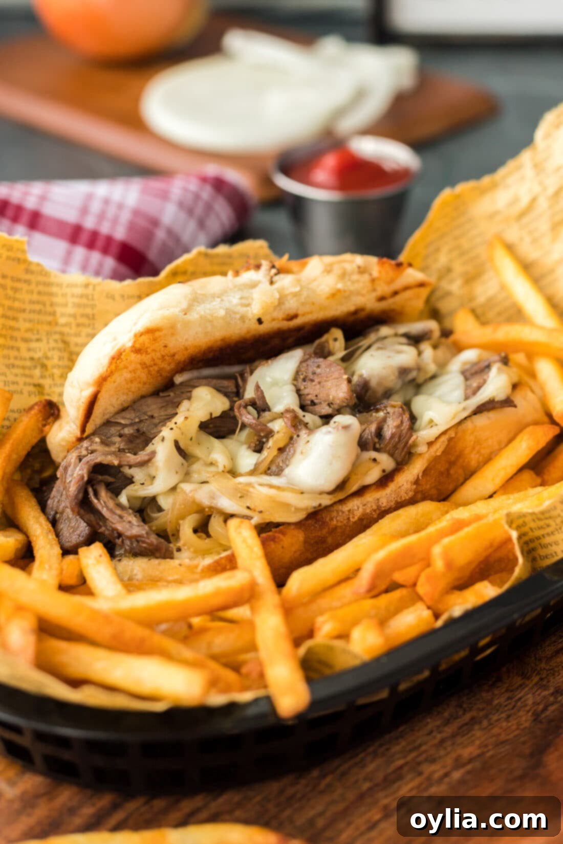 Philly Cheese Steak sandwich in basket