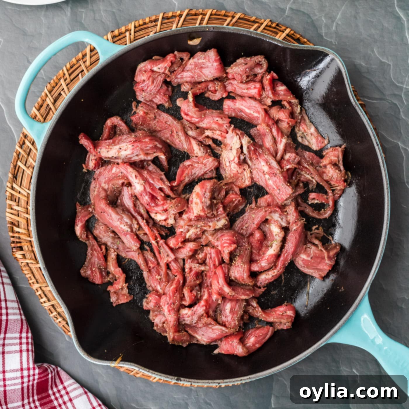 beef strips in a skillet