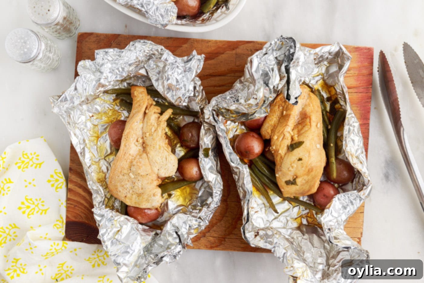 chicken, green beans, and potatoes campfire foil packets