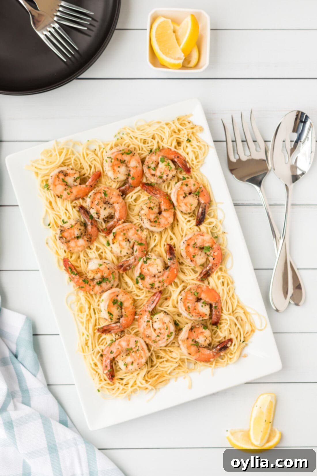 Shrimp Scampi Pasta on platter