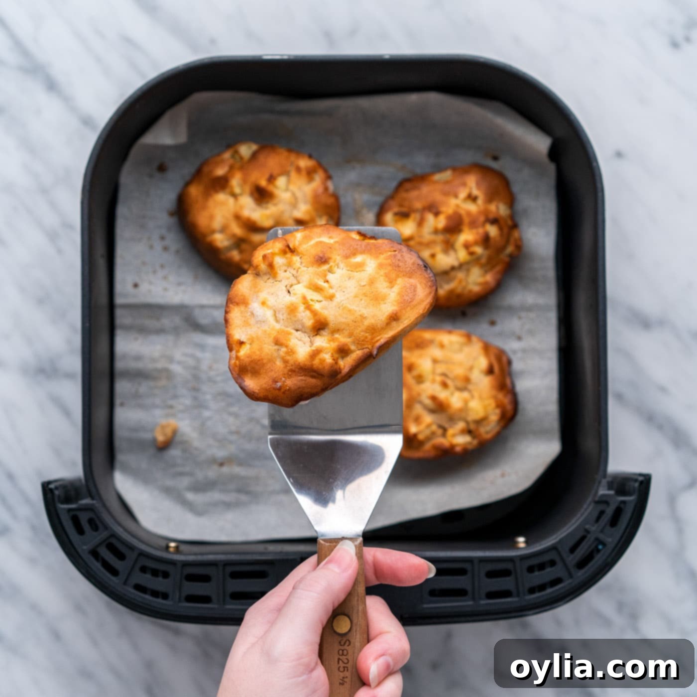 golden air fryer apple fritters on a spatula