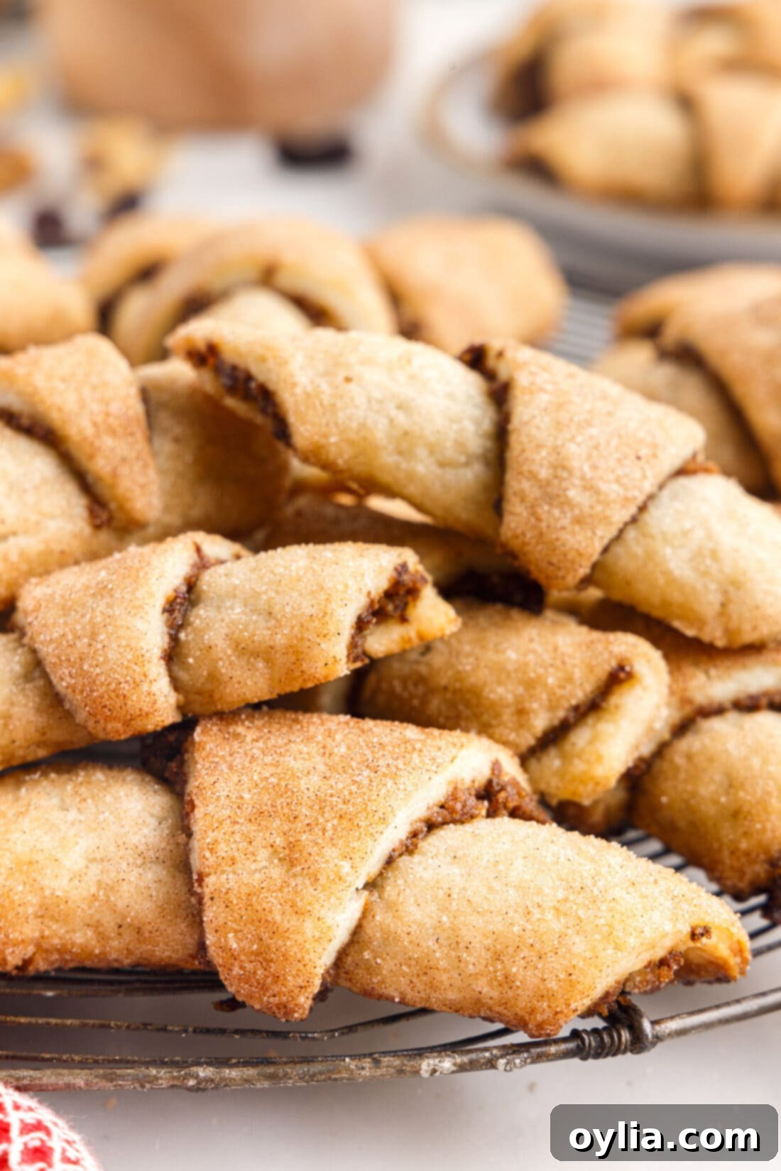 A beautiful pile of freshly baked Rugelach cookies, golden brown and glistening with cinnamon sugar.