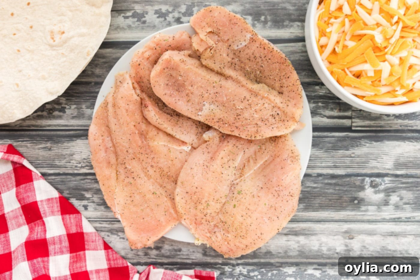 Seasoned raw chicken breasts on a white plate before grilling