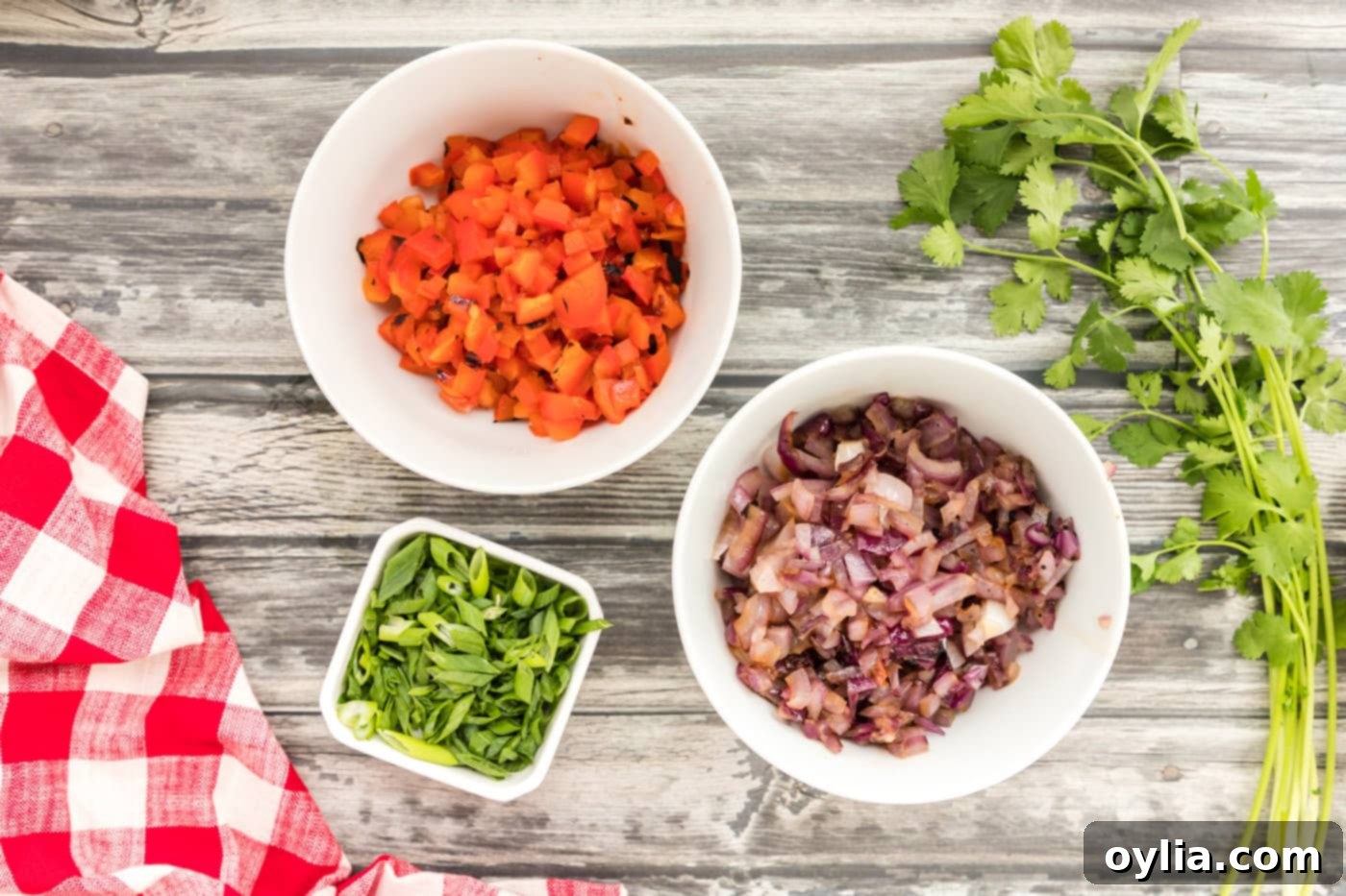 Bowls of chopped red onion, red bell pepper, and sliced green onions