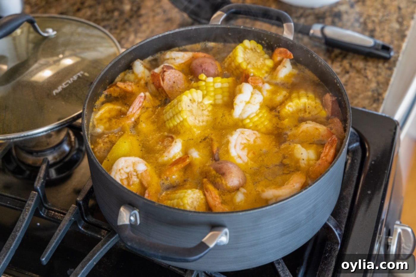 cooked shrimp boil in a pot