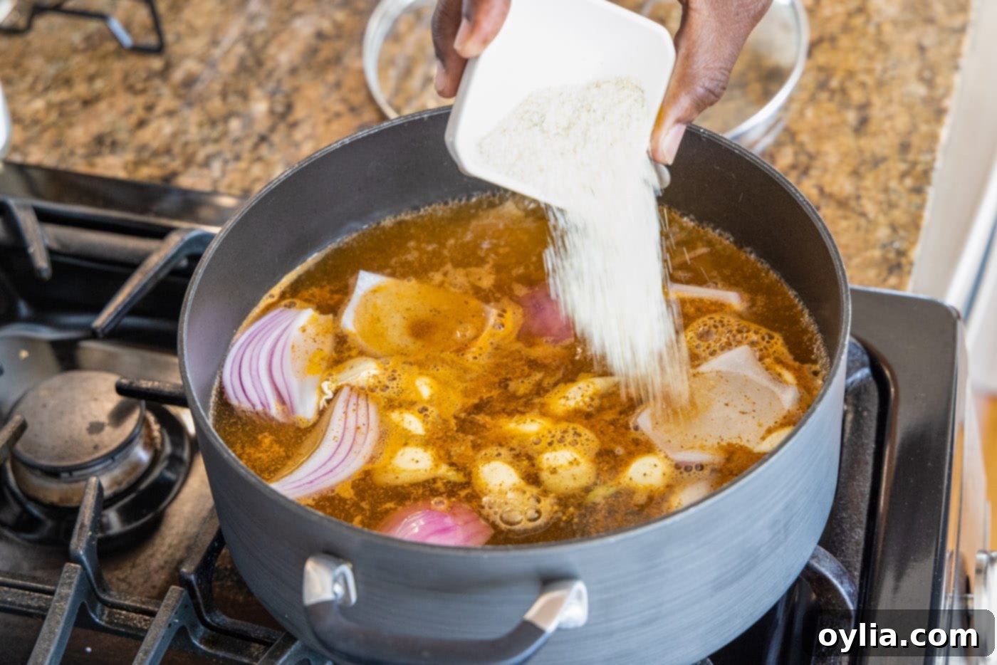 adding onions garlic and seasonings to large stockpot