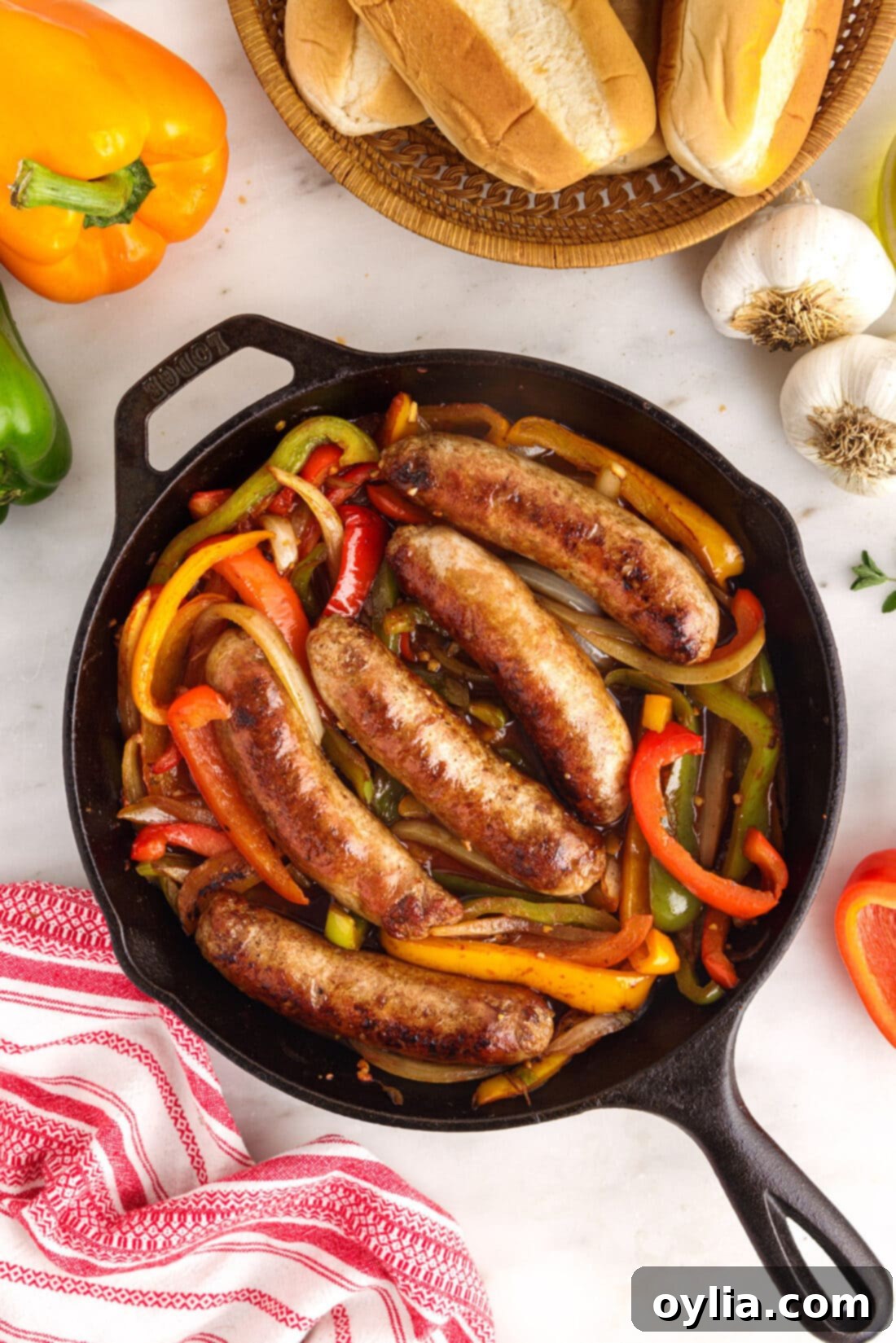 Rustic Sausage and Pepper Skillet 3 overhead photo of Sausage and Peppers in skillet