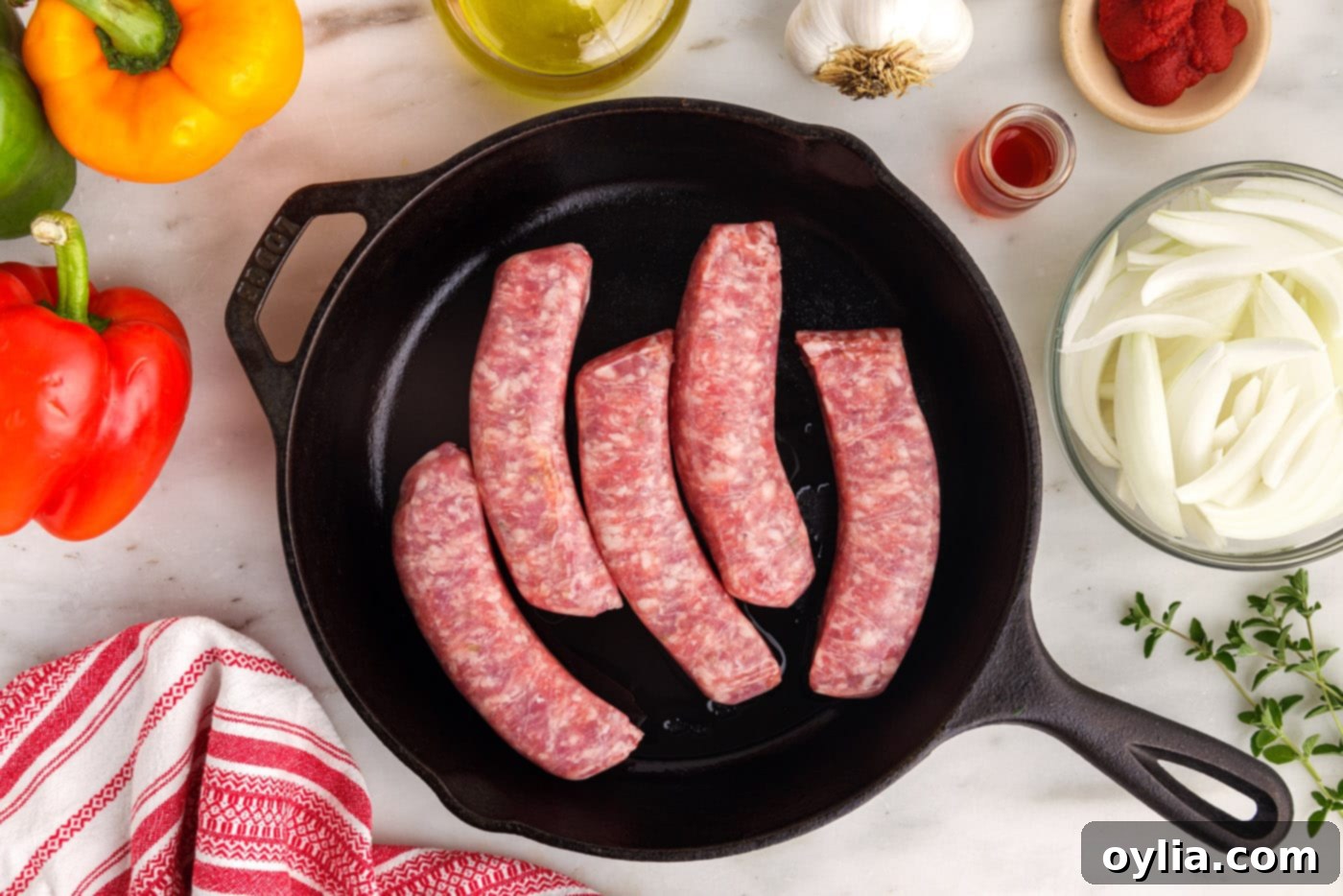 Italian sausage in a cast iron skillet