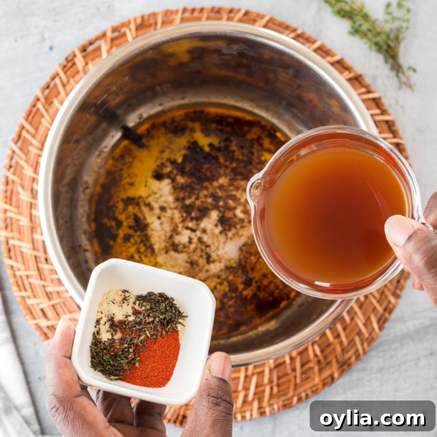 Beef short rib broth with bourbon, garlic, and thyme in the Instant Pot
