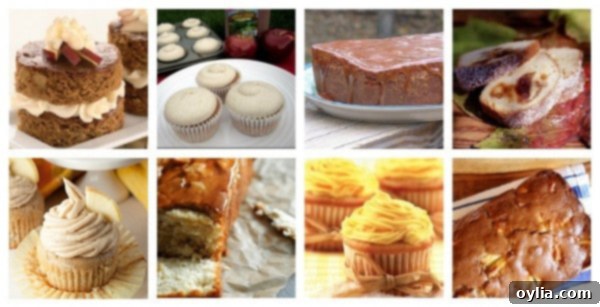 A collage of various moist and flavorful apple cider cakes and cupcakes.