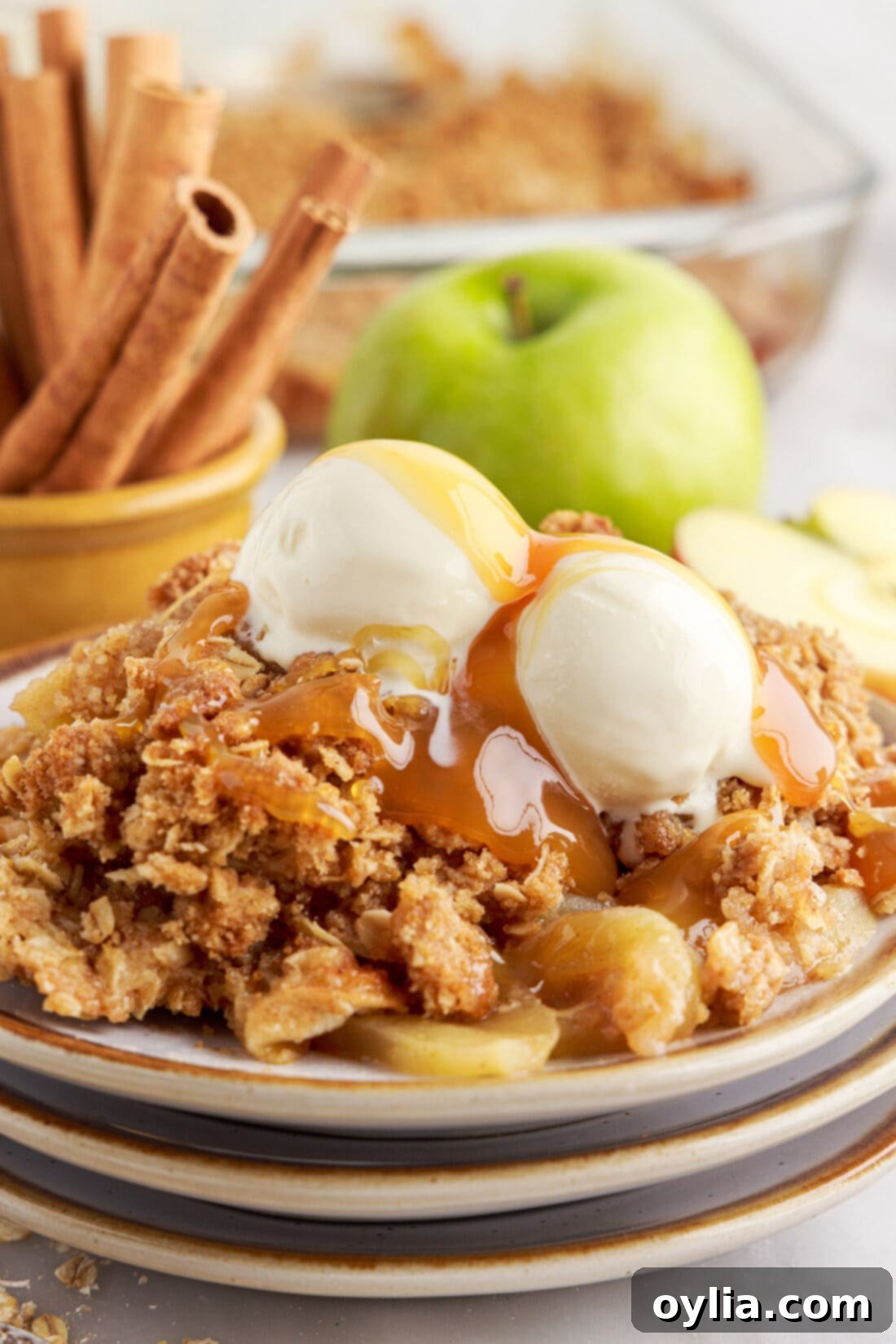 Apple Crumble 2 Warm apple crumble served with a scoop of vanilla ice cream