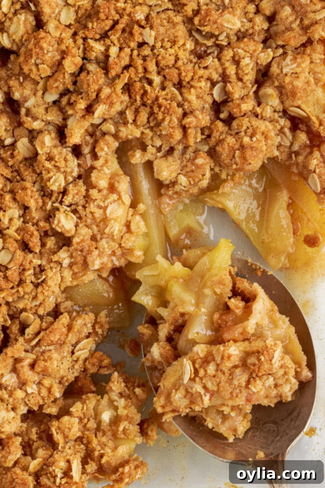 Apple Crumble 3 Spoon digging into a freshly baked pan of apple crumble
