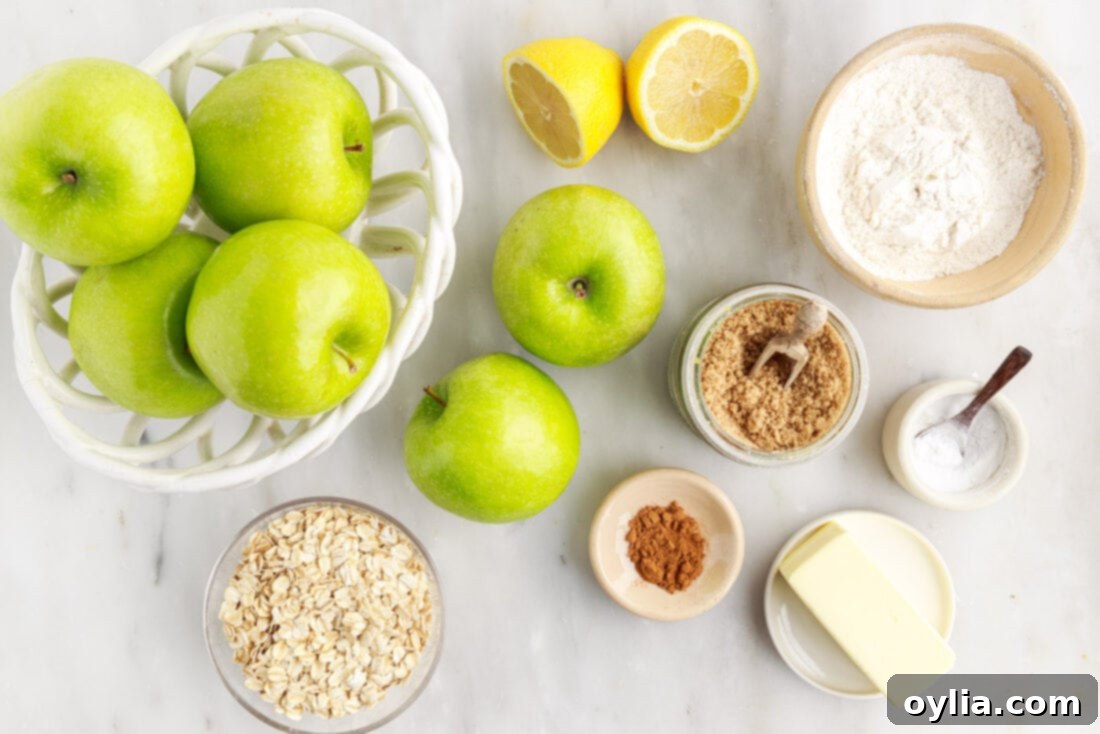Apple Crumble 4 Ingredients for making Apple Crumble laid out on a table