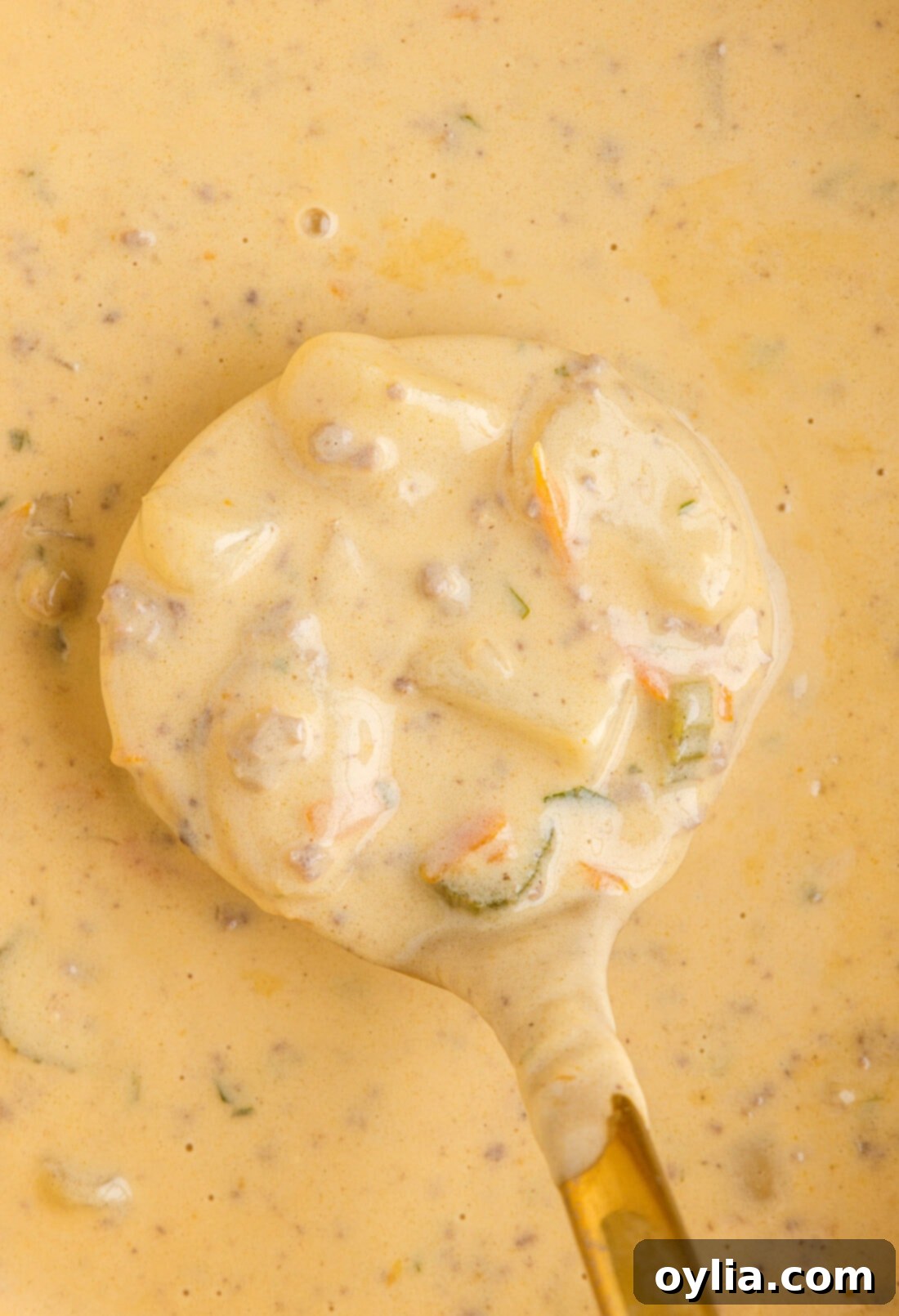 Close-up of a bowl of Cheeseburger Soup with a spoon, showing its creamy texture and hearty ingredients