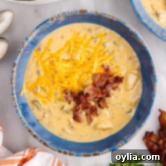 Cheeseburger Soup in a white bowl with a spoon