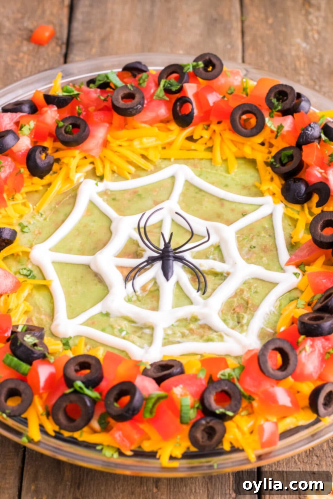 close up of the beautifully decorated Spider Web Taco Dip with a small spider on the web