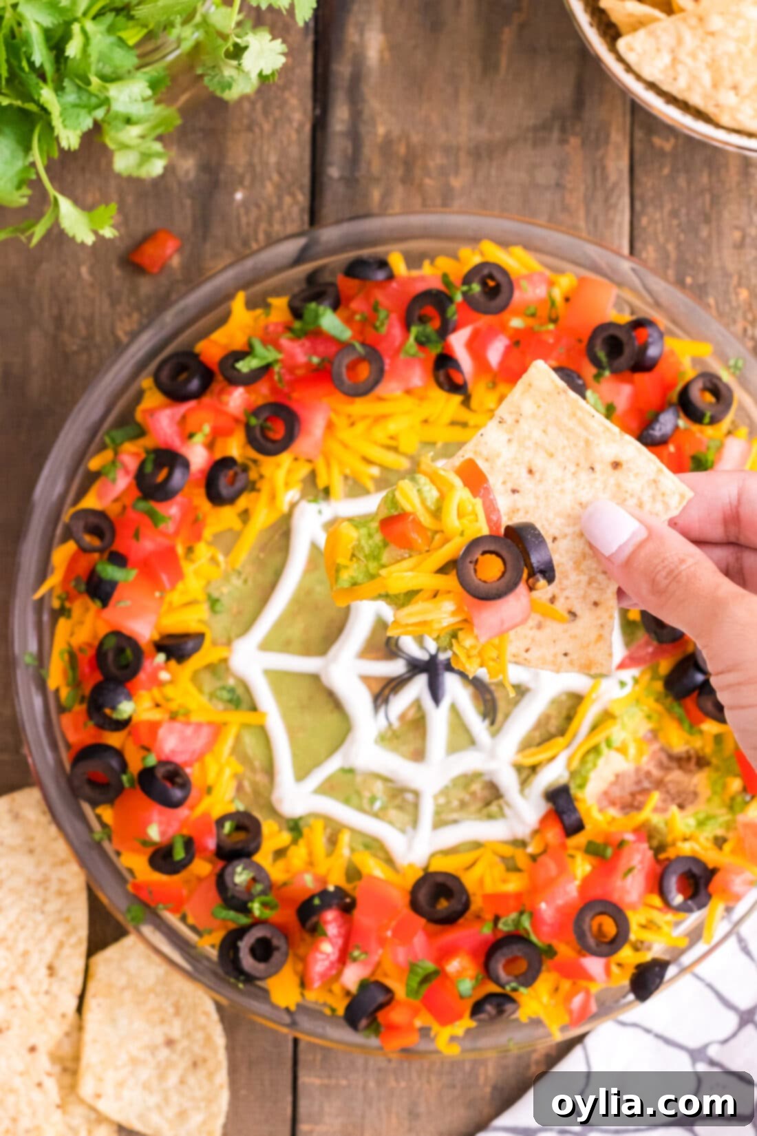 A chip scooping a delicious portion of Spider Web Taco Dip, showing all the vibrant layers