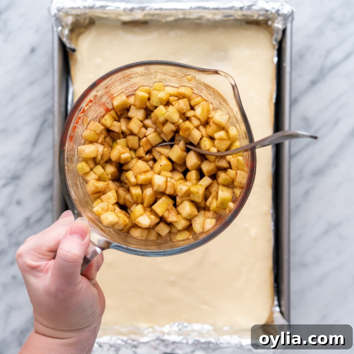 cinnamon nutmeg spiced apples over the top of cheesecake