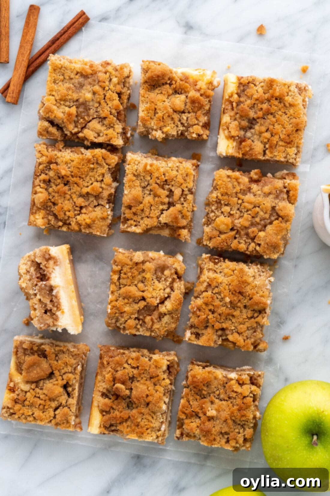 Golden Caramel Apple Cheesecake Squares 3 overhead photo of Caramel Apple Cheesecake Bars