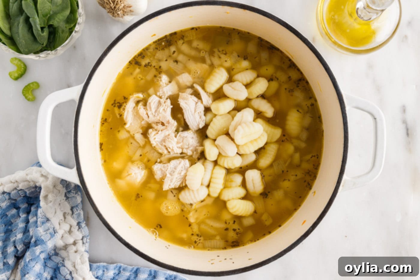 chicken and gnocchi added to soup pot