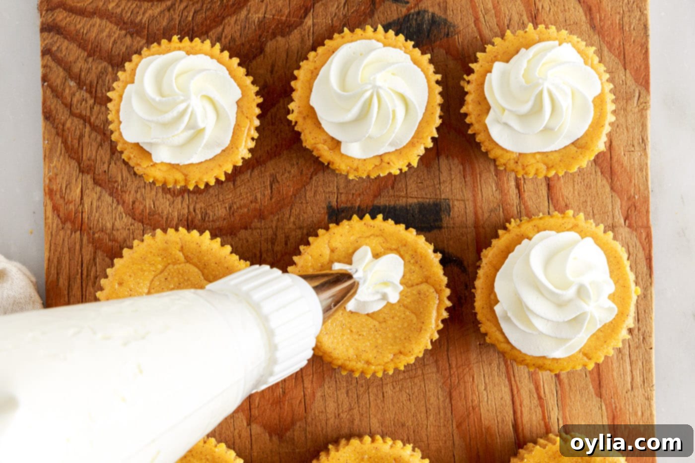 Whipped cream being piped decoratively onto cooled mini pumpkin cheesecakes.