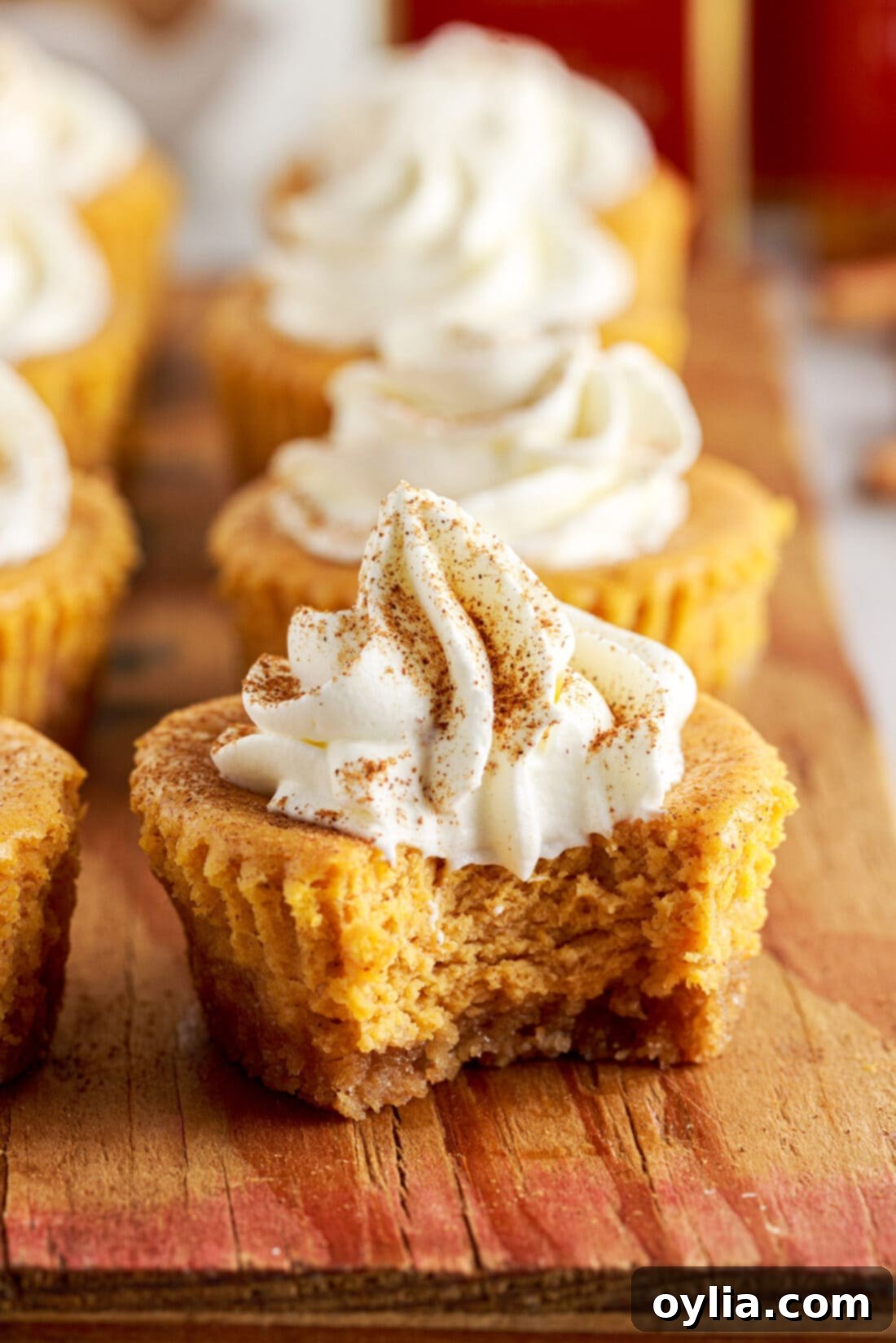 Bite-Sized Pumpkin Cheesecake Delights 14 A close-up of a mini pumpkin cheesecake with a bite taken out, showing its creamy texture and graham cracker crust.