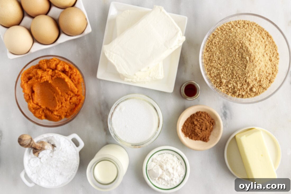 Bite-Sized Pumpkin Cheesecake Delights 4 A flat lay of all the essential ingredients for making mini pumpkin cheesecakes, including cream cheese, pumpkin puree, spices, and graham crackers.