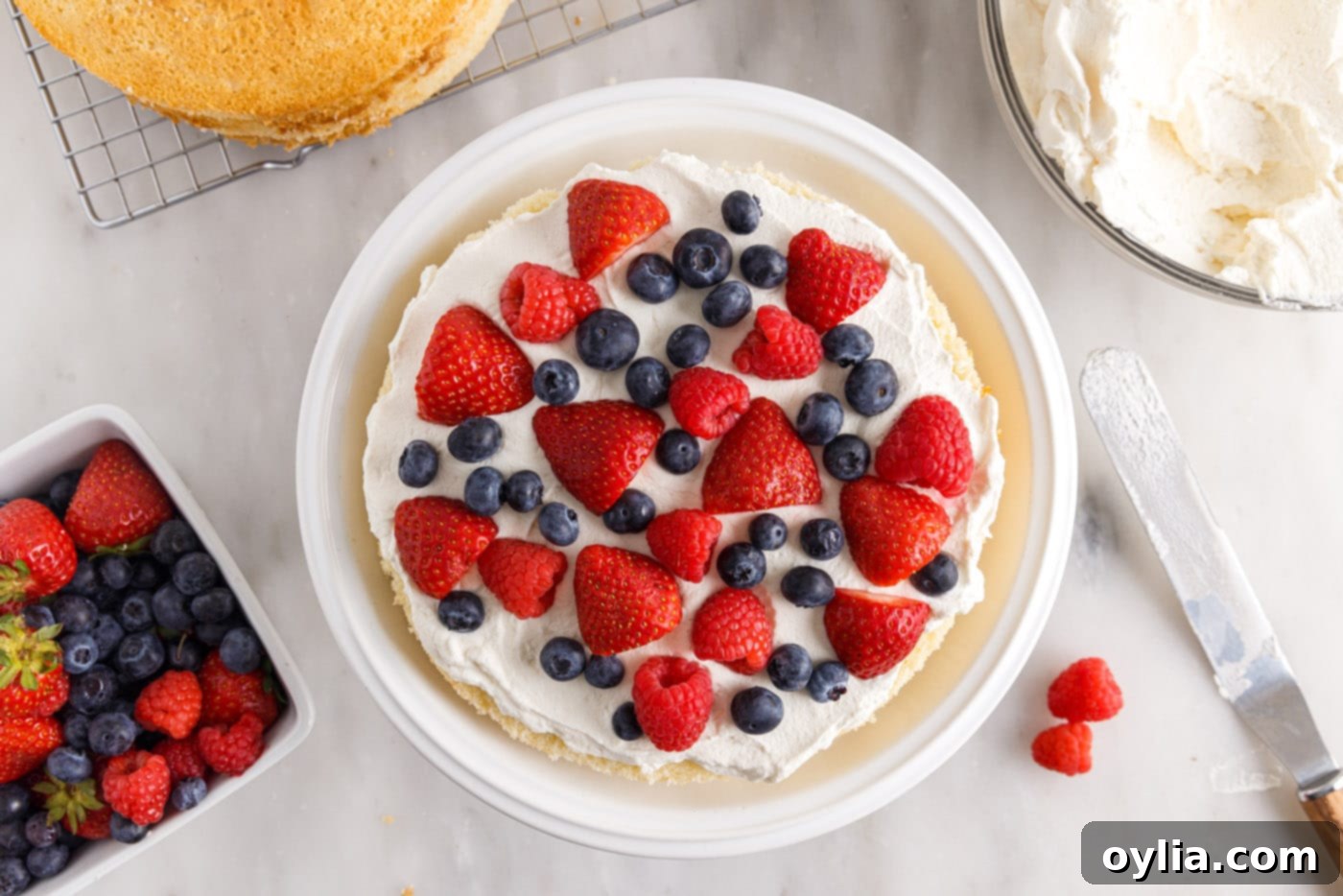 strawberries and blueberries layered on chantilly cake
