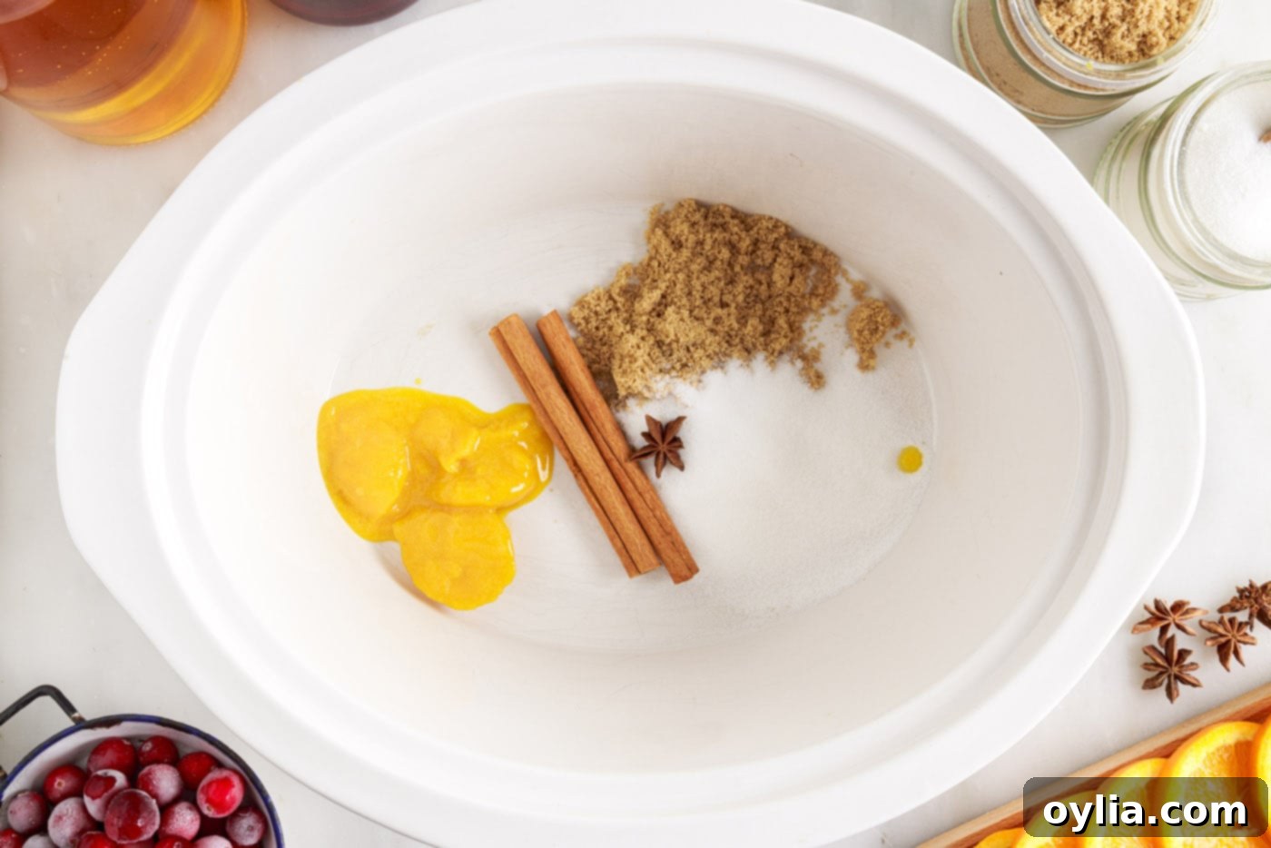 orange juice concentrate, sugars, cinnamon sticks and star anise in crockpot
