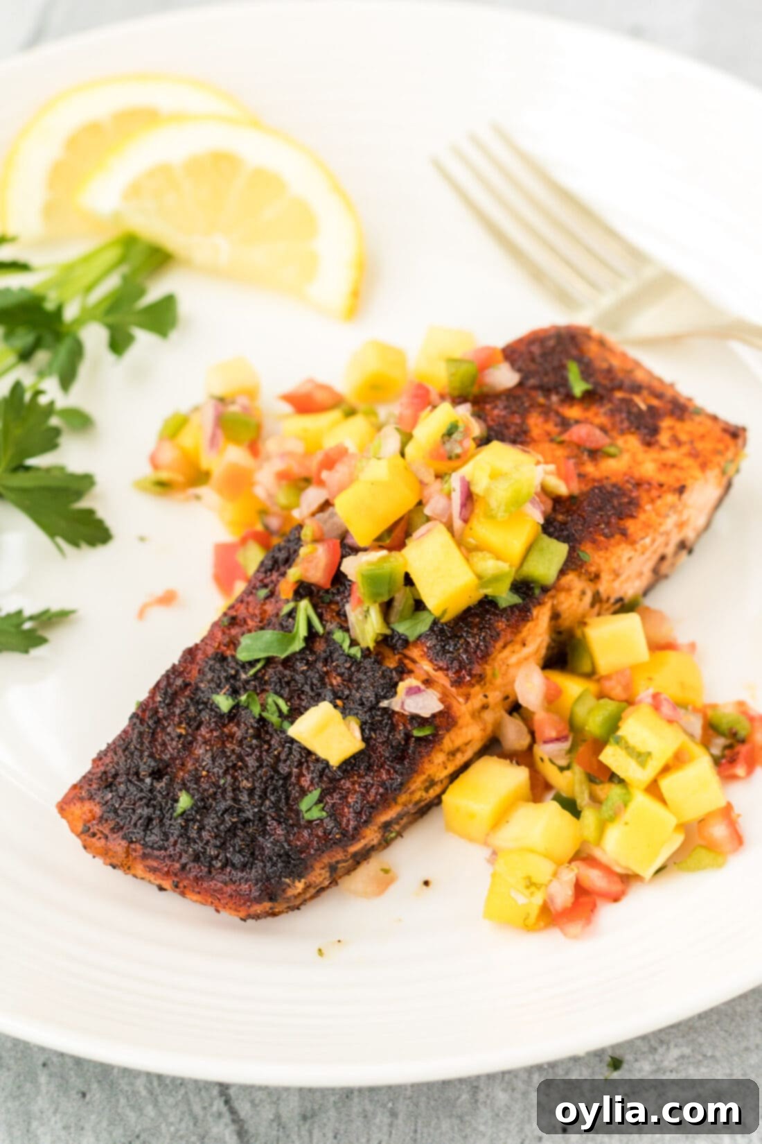 Blackened Salmon with mango salsa