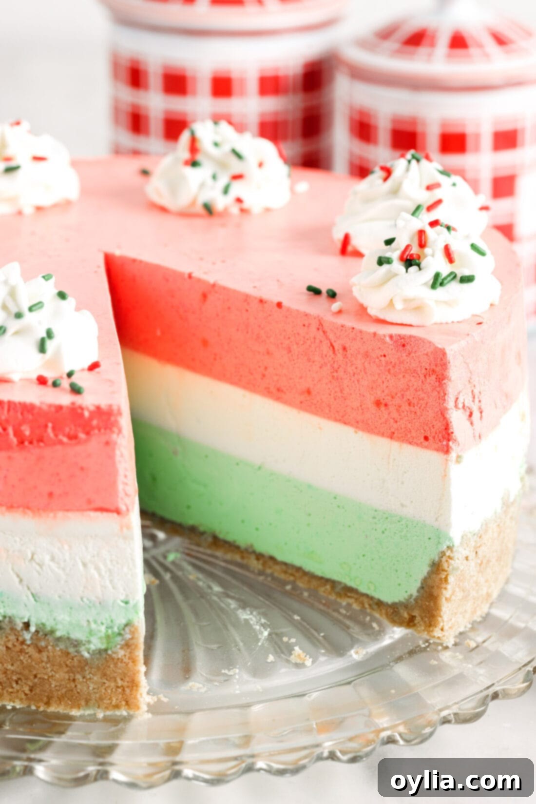 Layered Jello Pie with a silce removed