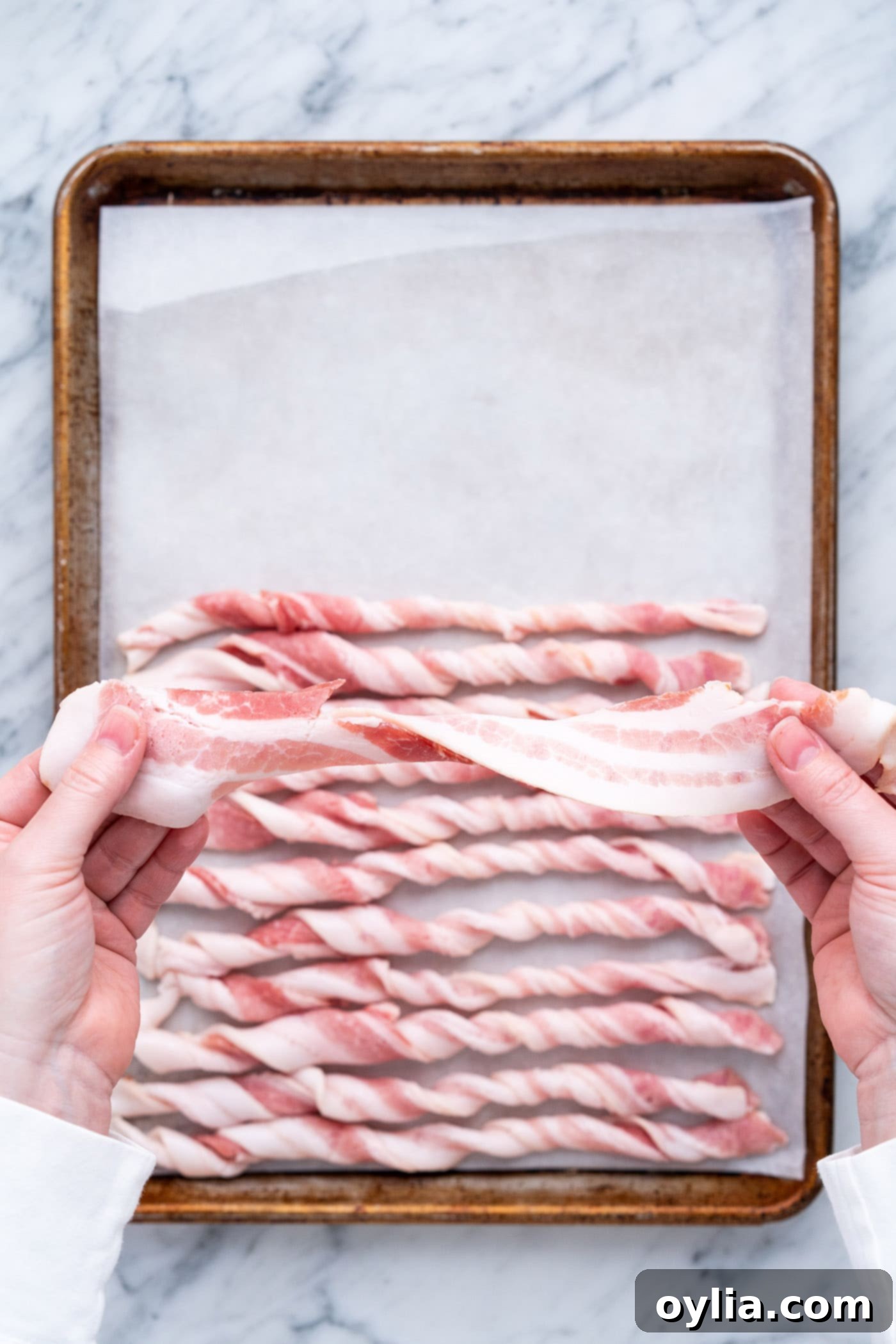 Step-by-step image showing how to twist thick-cut bacon strips tightly.
