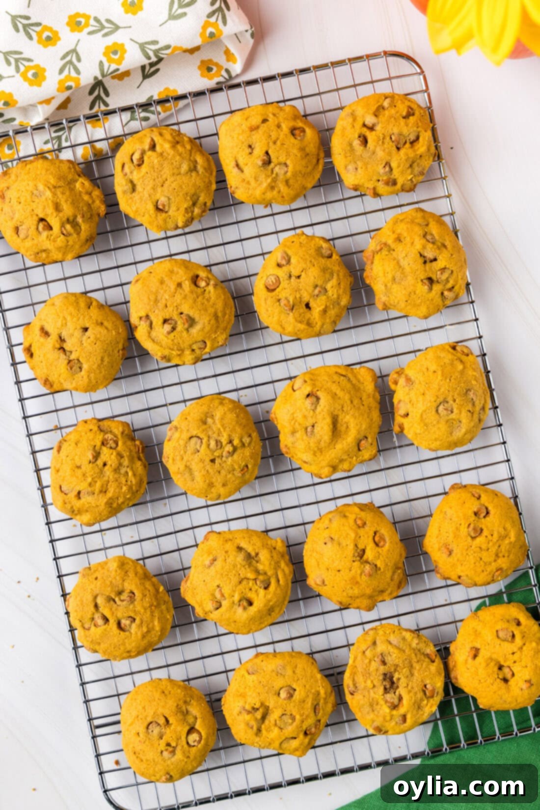 Spiced Autumn Pumpkin Chip Cookies 13 Warm pumpkin cinnamon chip cookies resting on a wire rack, ready to be enjoyed.