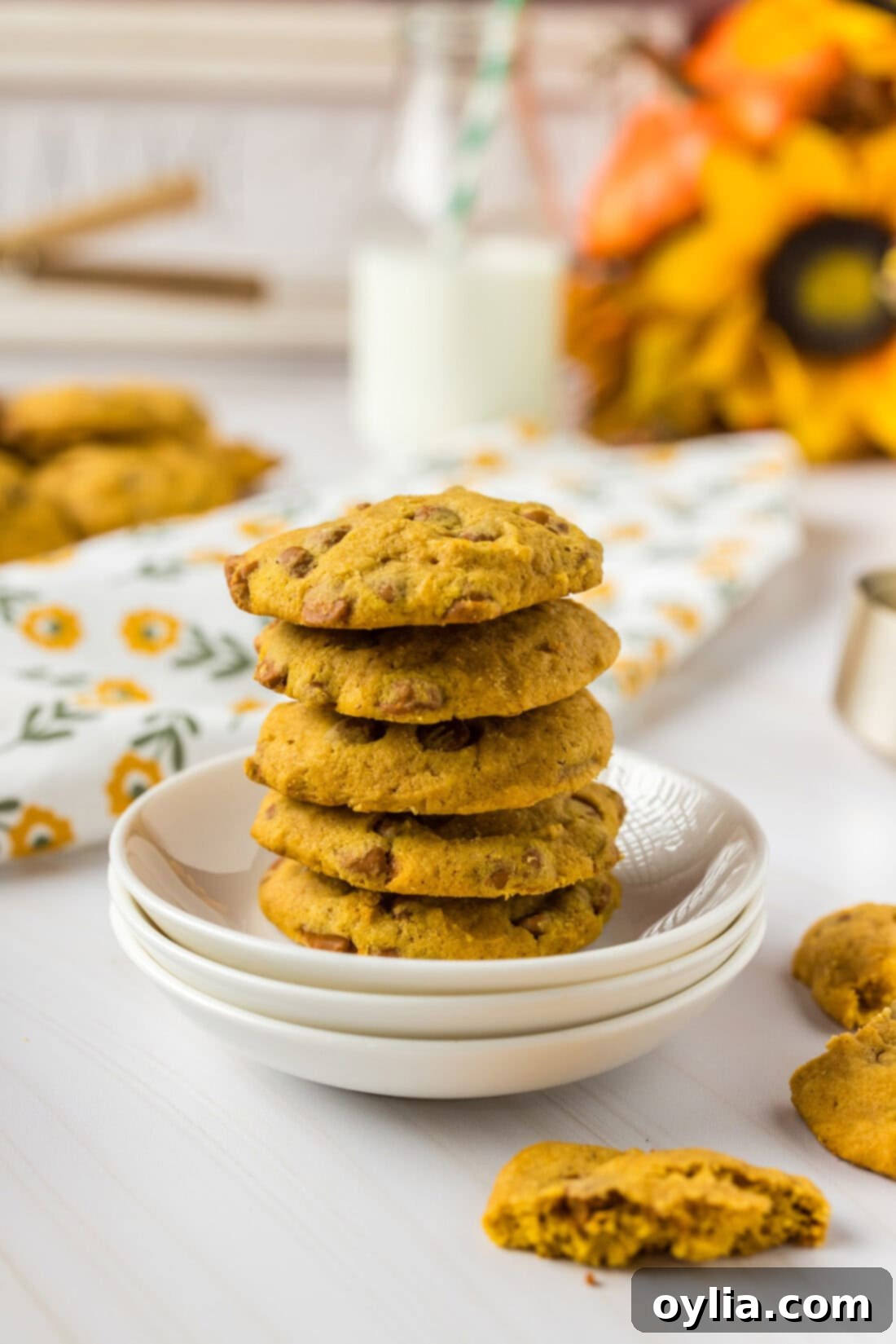 Spiced Autumn Pumpkin Chip Cookies 3 A stack of golden brown pumpkin cinnamon chip cookies, showing their soft texture and visible cinnamon chips.