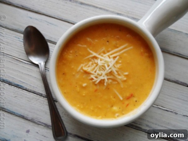 A close up photo of a bowl of creamy white cheddar corn soup.