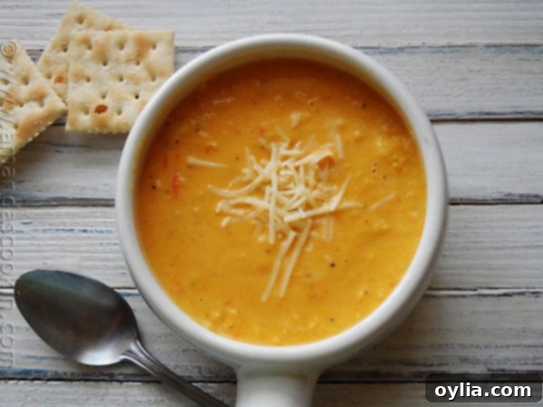 An overhead photo of a bowl of creamy white cheddar corn soup.